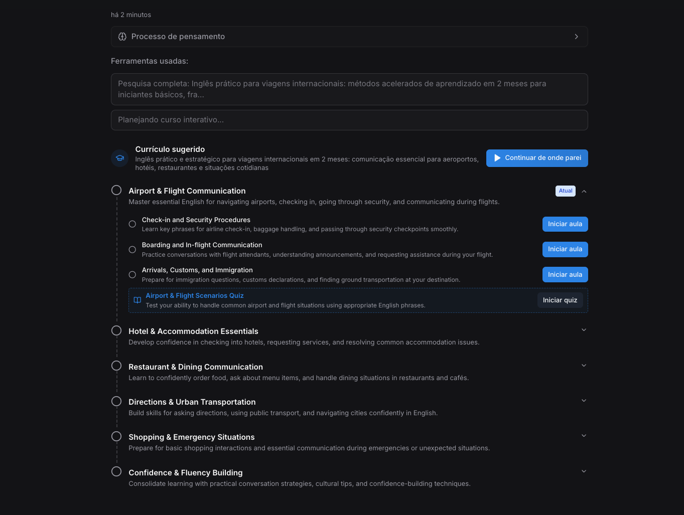 Visualize todo o conteúdo do curso estruturado em módulos e lições que fazem sentido